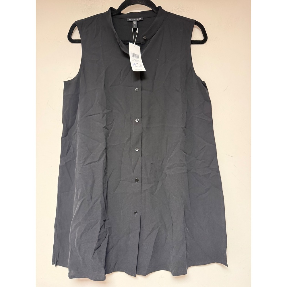 EILEEN FISHER Black Silk Sleeveless Mandarin Collar Button Up Shirt Top‎ S P